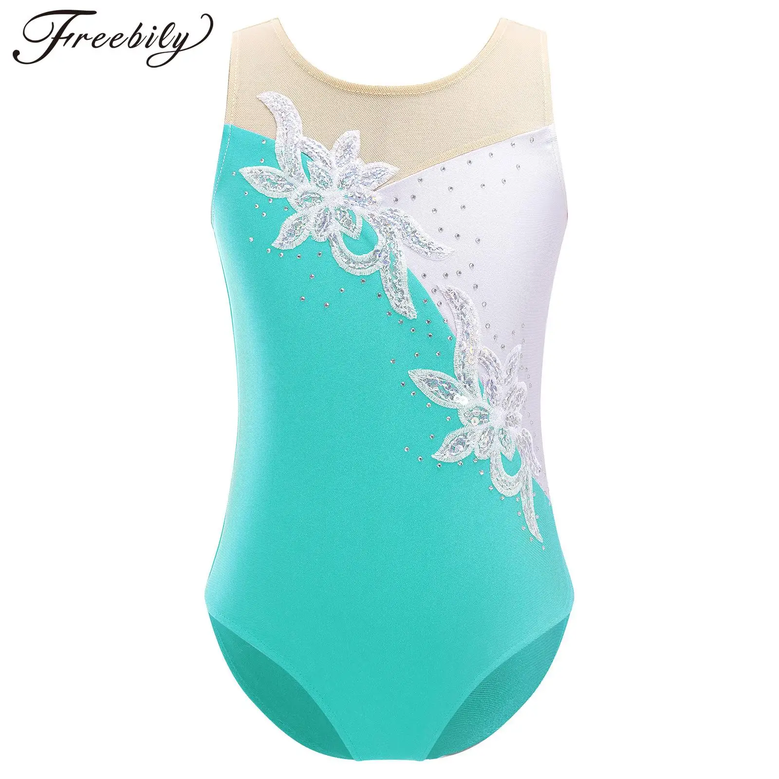 

Детский сетчатый купальник без рукавов с блестящими пайетками для балета и танцев, фигурное катание, гимнастическое боди для акробатики, танцевальная одежда для балерины