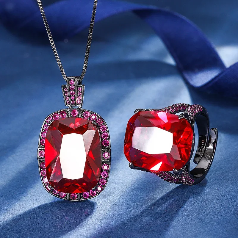 S925 Silver Plated 18K Gold Plated PT950 Platinum Red Corundum Fat Rectangular Black Gold Personality Set 15*20