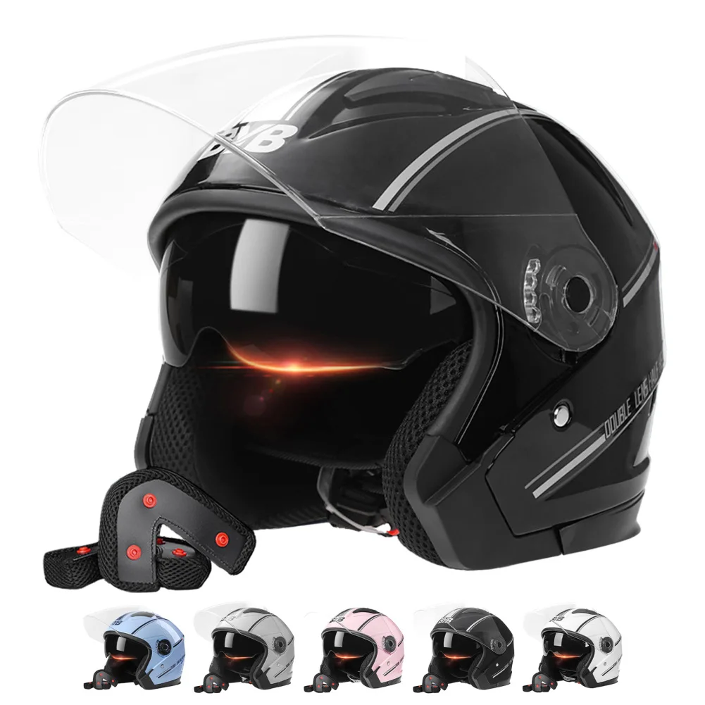 Motorcycle Open Face Helmet For Men And Women Dual Lens Sun Visor Face Shield Top Lightweight Scooter Bike Retro 3/4 Helmet