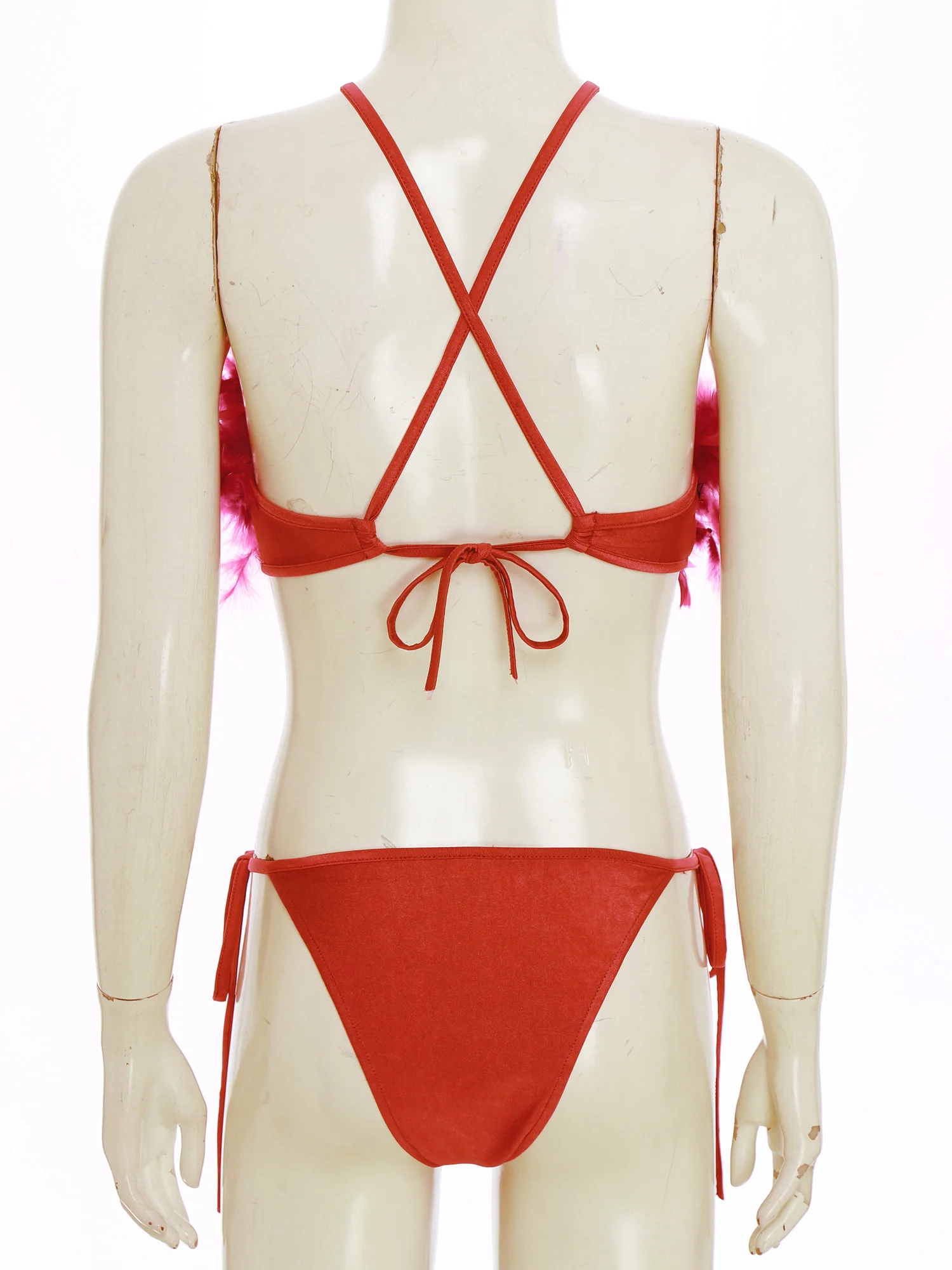 Womens Faux Feather Bikini Lingerie Set Front Crossing Removable Cups Bra Tops Side Tie Sexy Bedtime Clubwear Underwear Suit