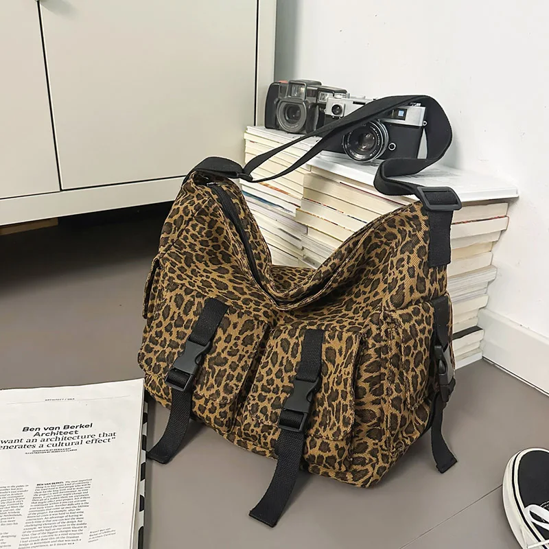 LEFTSIDE Women's Leopard Print Canvas Bag Multi-Pocket Design Convertible Backpack Crossbody Casual Daily Tote Bag 2026 Trend