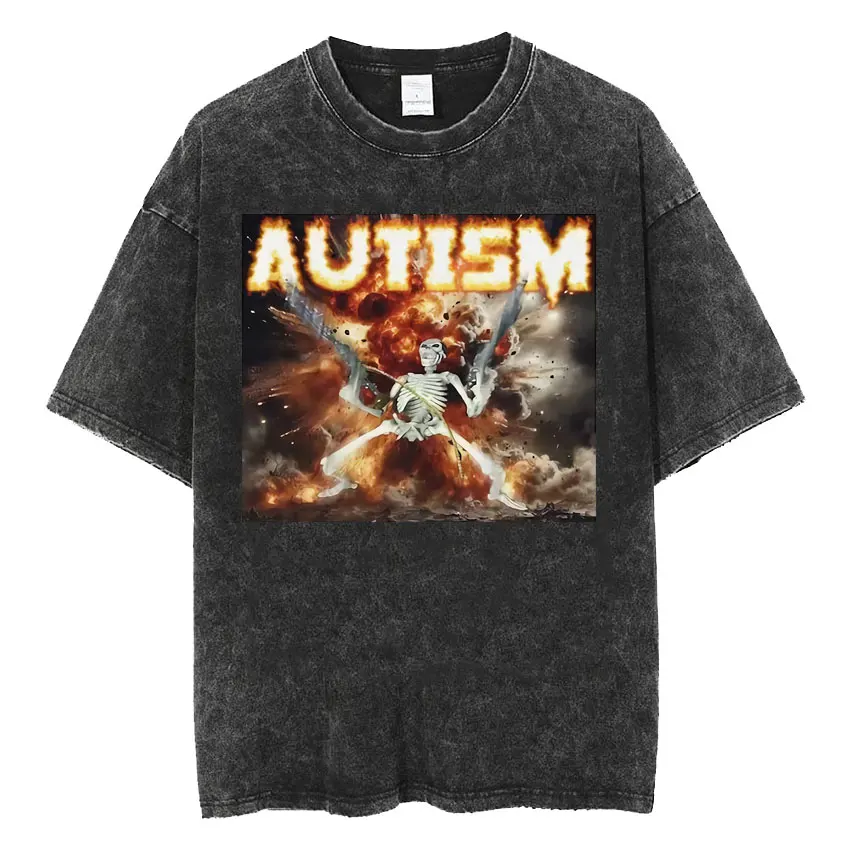 Mens Clothes Tee Shirt Homme T-Shirts Men Autism Skeleton Meme  Human Funny Skull Washed Short Sleeved Round Neck Y2k Tshirt