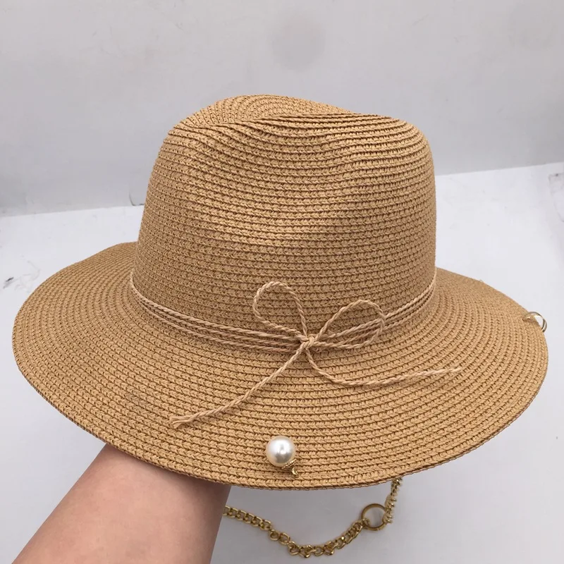 Bucket Hat for Women Straw Solid Hand-made Knitted Summer Hat Wide Brim Chain Rope Jazz Hats Designer Pearl Sun Hats