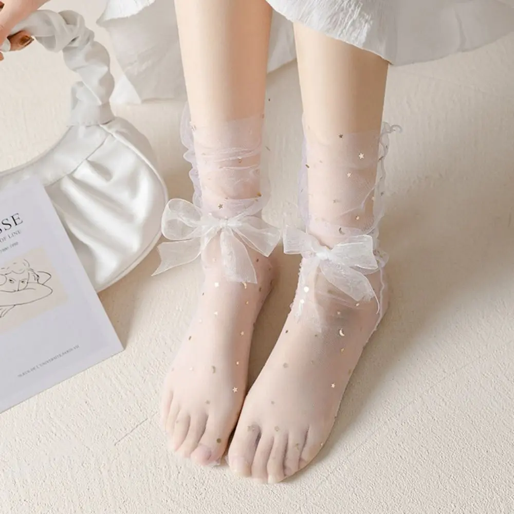 5Pairs Star Moon Transparent Bow Socks Mid-calf Breathable Tulle Shiny Socks Female Hosiery Sweet Mesh Tube Socks Women Lady