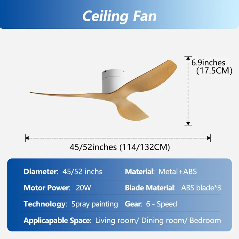 45/52 inch Modern Stylish LED Ceiling Fan with Light Remote Control 3 Blades Quiet Modern Design for Living Room Bedroom