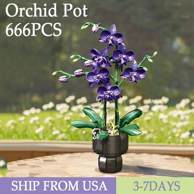 

Purple Orchid Pot Building Blocks Model Toys Home Decor Artificial Flowers Assembly Bricks Halloween Christmas Birthday Gifts