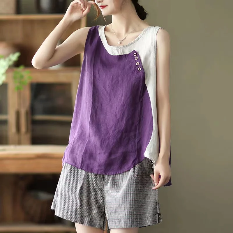 Summer Chinese Tradition Women's Clothing Retro Cotton Linen Loose Vest Thin Section Stitching Ladies Top Short Sleeved T Shirt