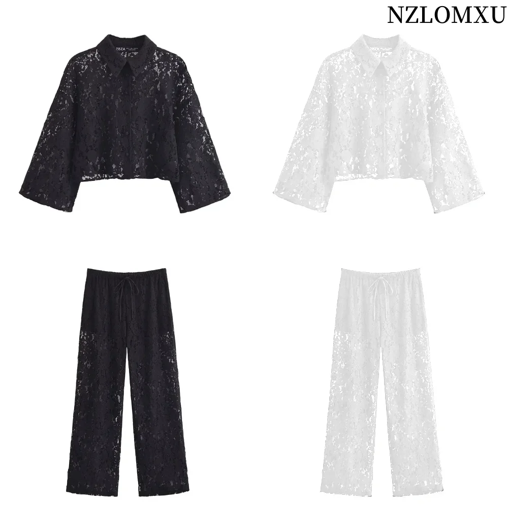 2024 Spring Women Lace Pants Sets Woman Loose Shirt Blouse Women Casual Straight Pants Women 2 Piece Set