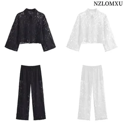 2024 Spring Women Lace Pants Sets Woman Loose Shirt Blouse Women Casual Straight Pants Women 2 Piece Set