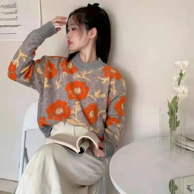 New Y2k Fashion Women Sweaters Autumn Jacquard Oversize Pullovers Winter Long Sleeve Jumpers Round Neck Female Sweater Mujer