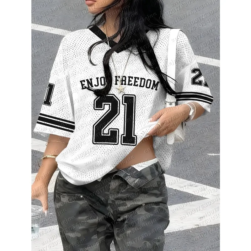 Women'S Kid Versatile Trendy Casual Style Color-Block 21 Print American Baseball Style Jersey Campus Style