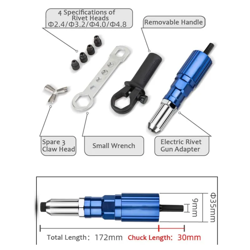 Professional Electric Rivet Gun Adapter Kit 2.4mm-4.8mm Rivet Nut Gun Drill Adapter Cordless Riveting Tool Insert Nut Pull Rivet