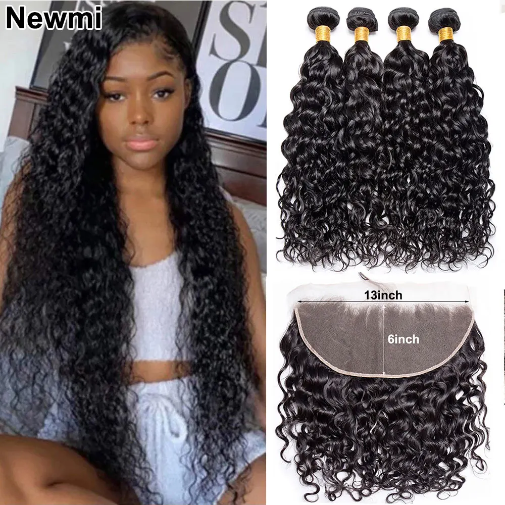 

Water Wave Bundles with 13x6 Lace Frontal Closure Human Hair Newmi Wet and Wavy Bundles and 13x6 Transparent Lace Frontal