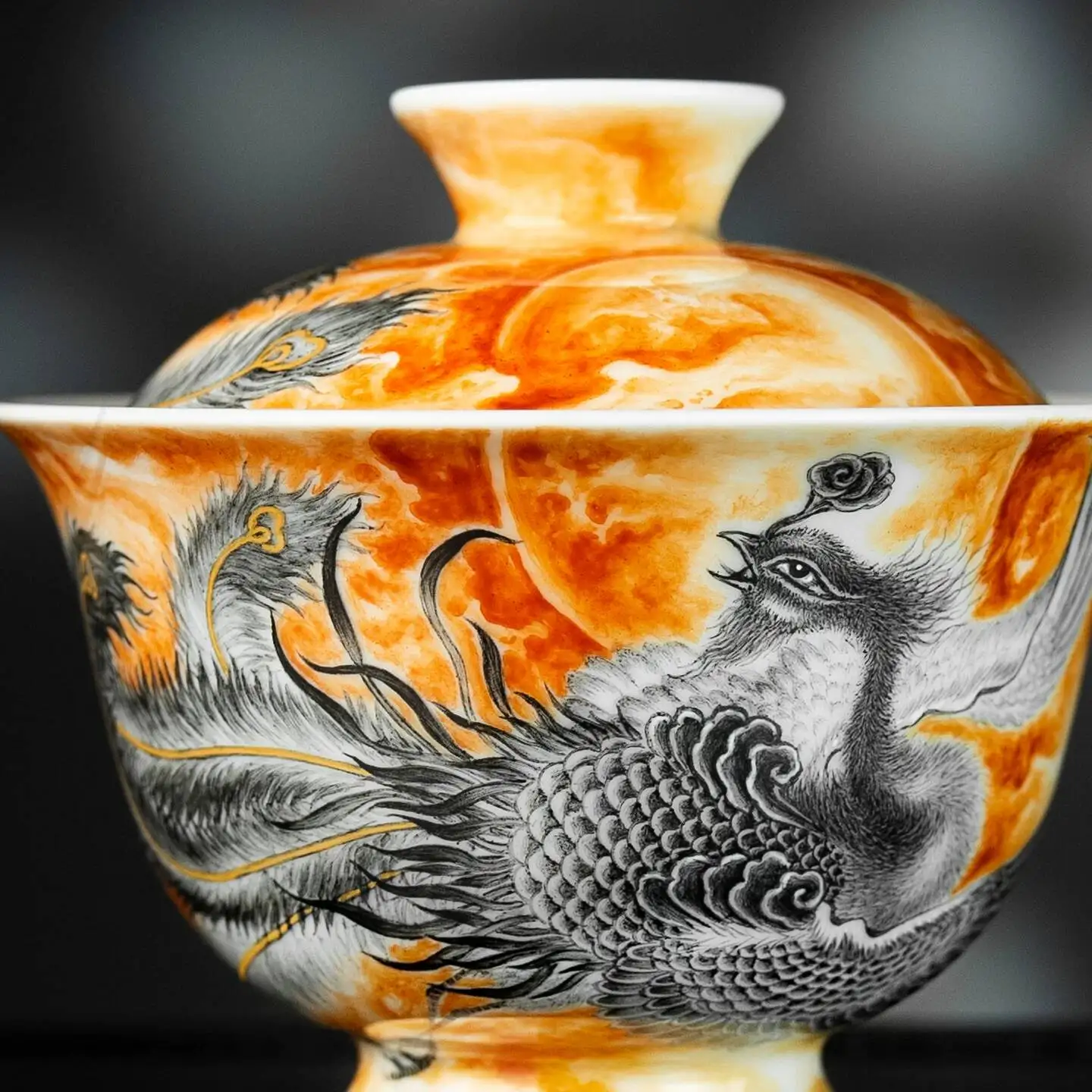 Sacred Mountain Pastel Ink Phoenix Alum Black Set With Bowl, Jingdezhen Hand-Painted Ceramic Set, Tea Cup, Handmade Lid Bowl
