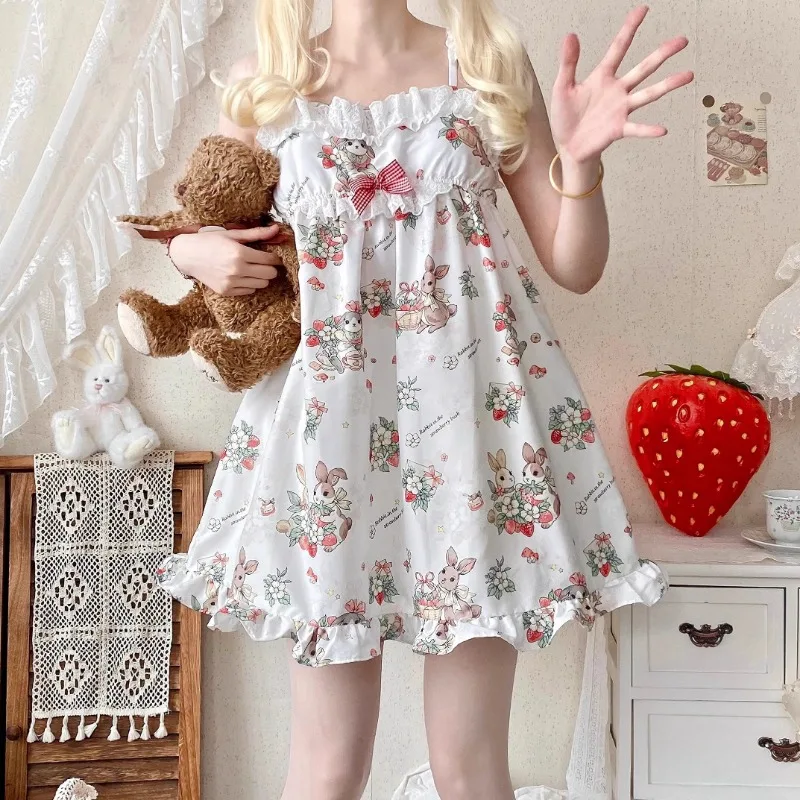 Kawaii Cute Lolita Style Strap Pajamas Women Sweet Ruffles Bow Bunny Flower Print Nightgowns Mini Dresses Girls Y2k Sleepshirts