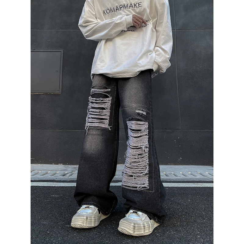 

Джинсы, мужские рваные мешковатые джинсовые брюки, высококачественные прямые джинсы, весна 2026, модные уличные брюки со шваброй, свободный крой