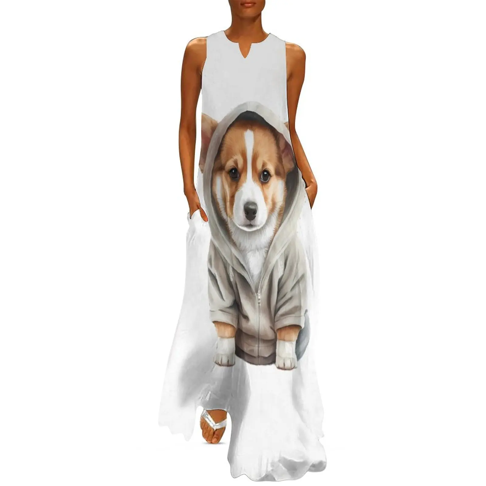 Corgi Puppy in Hoodie Dog Watercolor Portrait Long Dress elegant dresses for women Woman clothing women long dresses