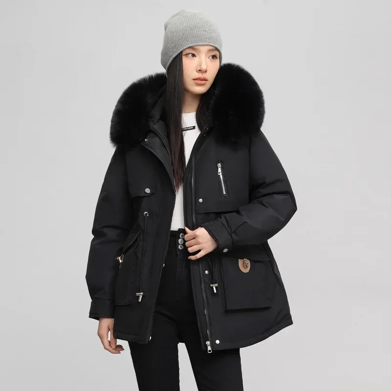 Parka de veludo espessa para mulheres, comprimento médio, colarinho de pele grande, jaqueta de algodão justa, novo estilo, 2024