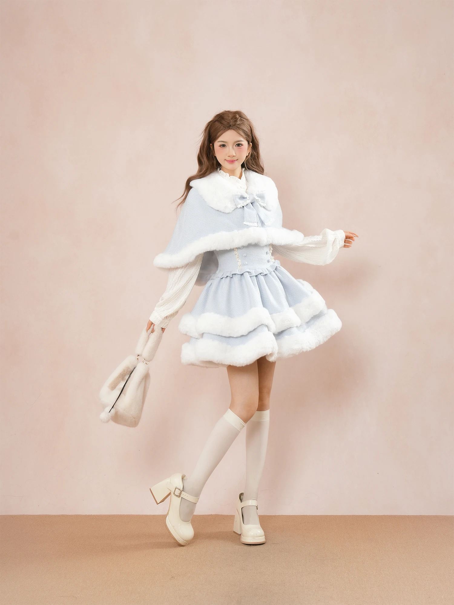 Autumn Winter New Korean Style Sweet Milk Blue Fur Collar Cape Apricot Long Sleeve Base Shirt Slim Fit Short Strap Dress Set