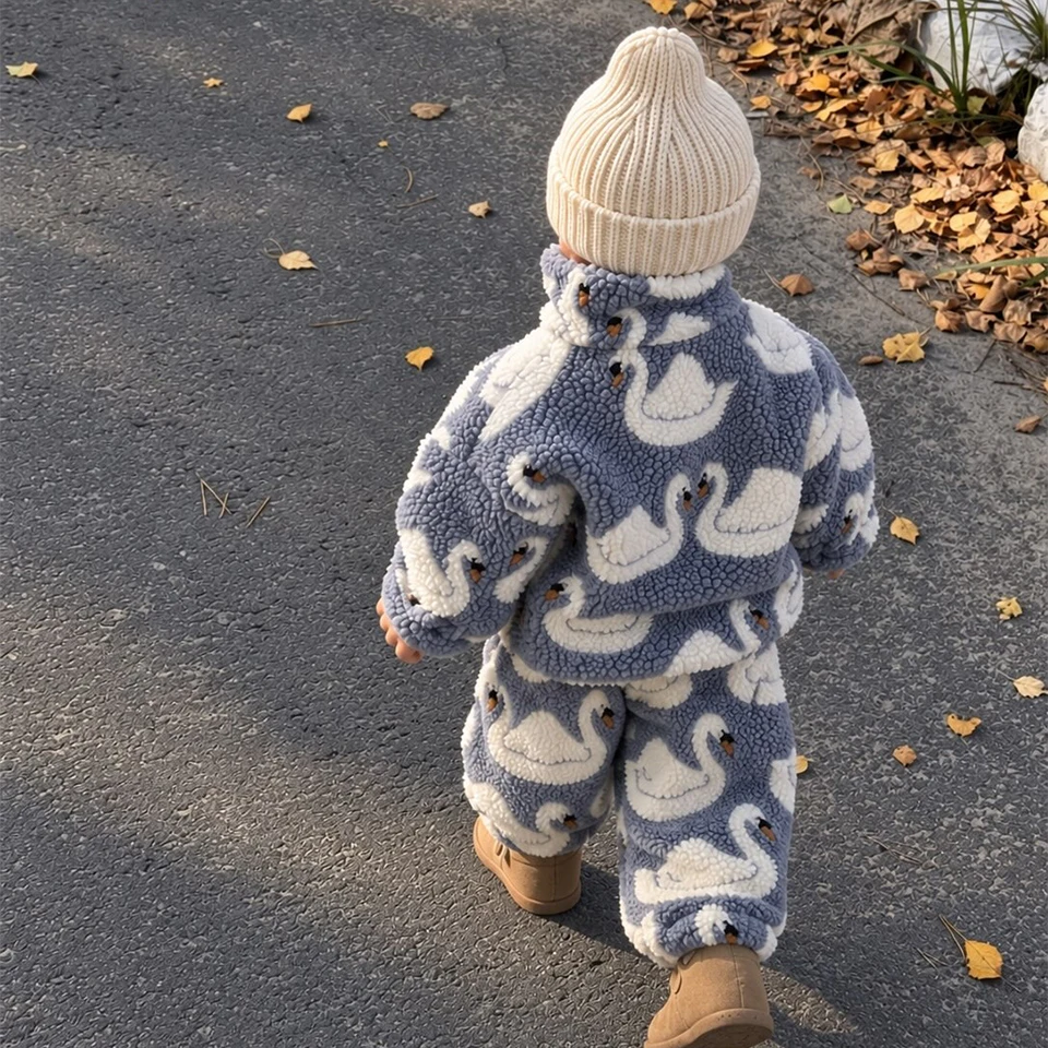 Children Clothes Girl Winter KS Baby Boys Cotton Lambswool Fleece Outwear Jackets Long Pants Sets Zipper Cartoon Embroidery Coat