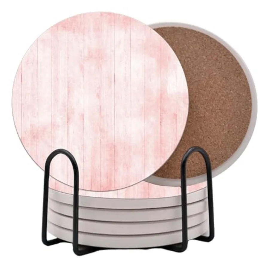 Light Grain Round Coasters Set of 6 - Abosrbent Ceramic Coasters with Metal Stand for Drinks, Coffee, Non-Slip Cork Back for Ta