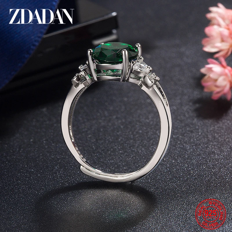 ZDADAN 925 Silver Oval Emerald Adjuastable Ring For Women Fashion Jewelry