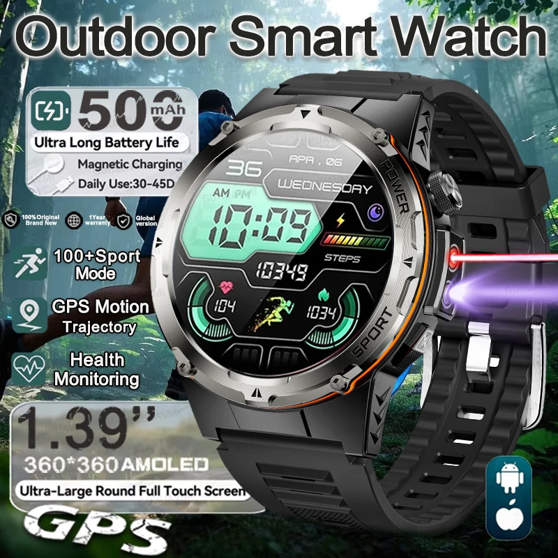 

2025 Новые уличные военные умные часы для мужчин GPS трекер IP68 водонепроницаемый 500 мАч монитор здоровья Bluetooth вызов спортивный лазерный браслет