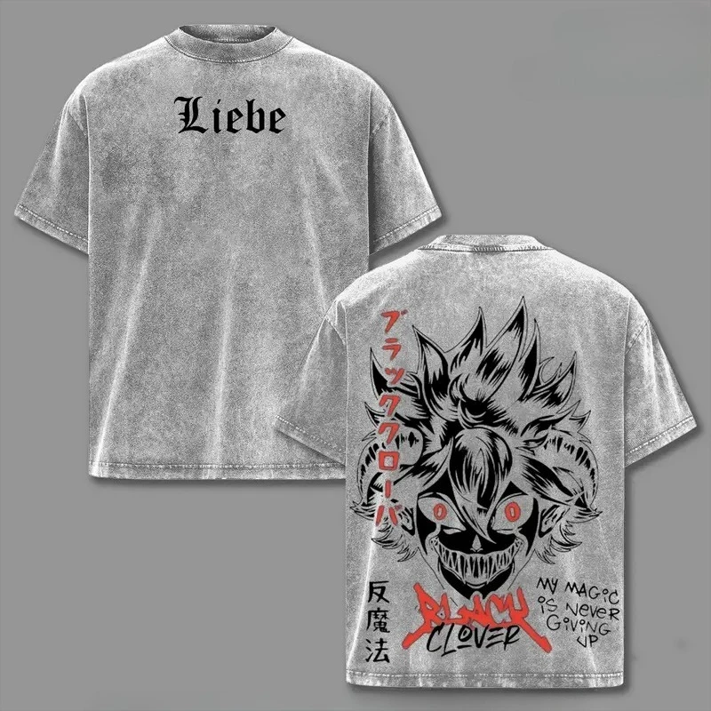 Asta Liebe Print T-shirt Anime Black Clover Clothing Men Women Cotton Tshirts Retro Washed T Shirt Harajuku Male Casual Tops