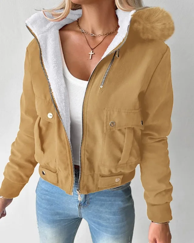 women jacket Short Streetwear Fashion Versatile Casual Zipper Thickened Long Sleeves Hooded coats for Female 2024 Autumn/Winter