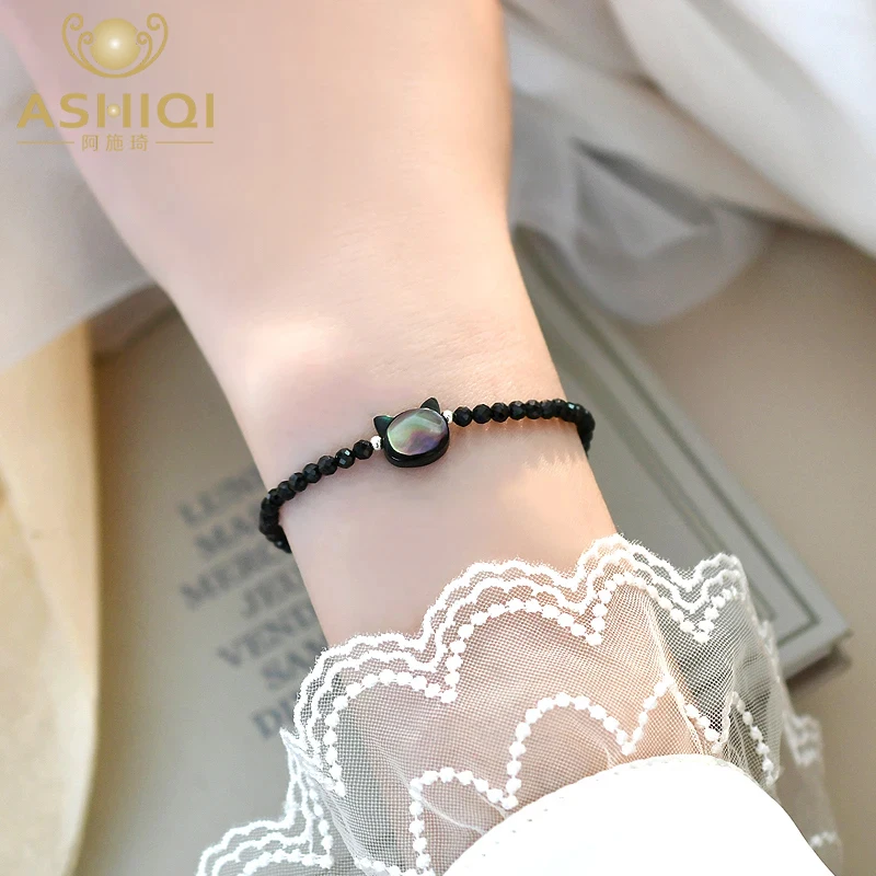 ASHIQI Black Spinel Natural Shell Cat 925 Sterling Silver Bracelet for Women New Fashion