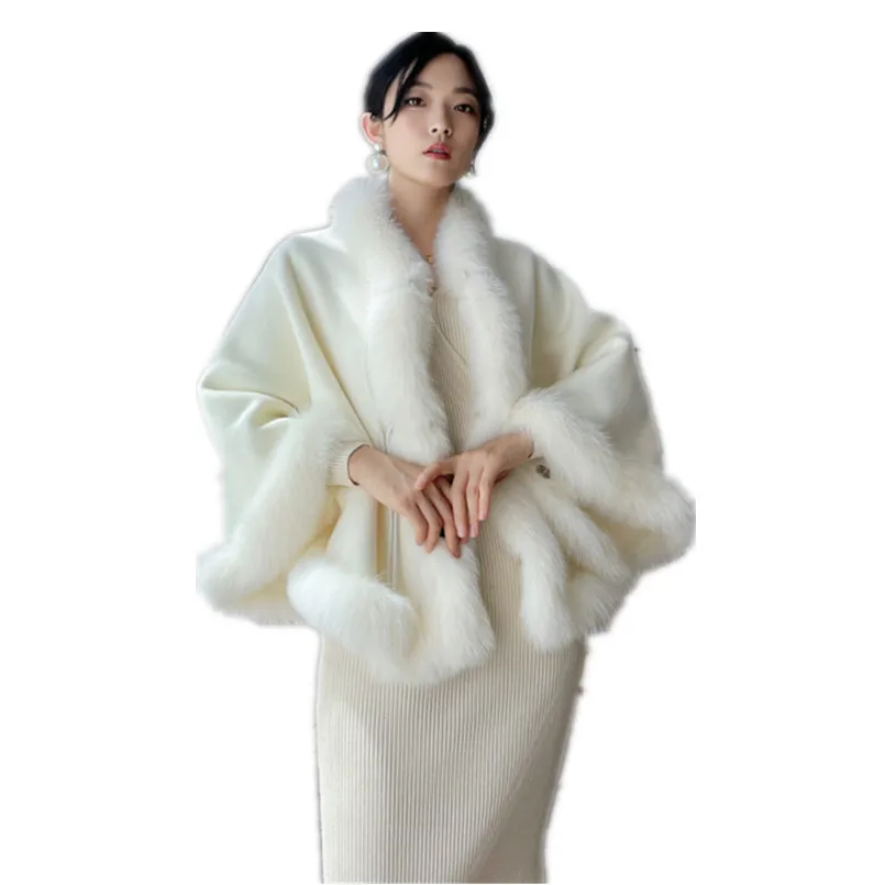 Women Winter Warm Capes Plus size Batwing Sleeves Poncho 100% Wool Shawls with Genuine Fox Fur Trim Luxury Wraps