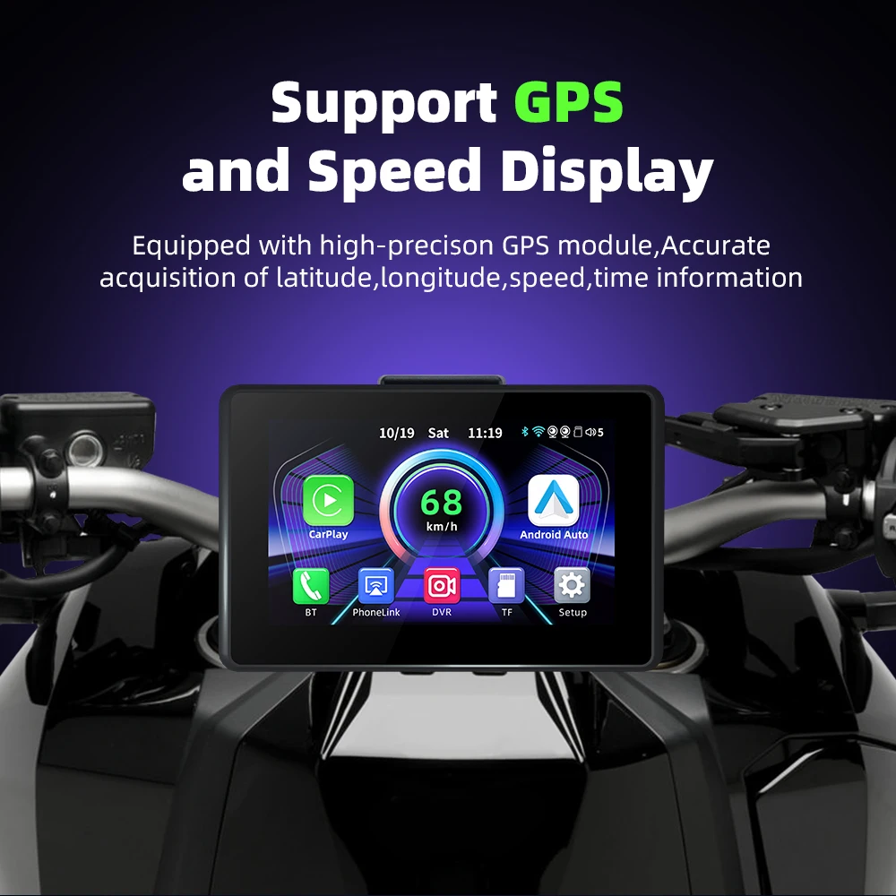 Motorcycle GPS Navigation Waterproof IPX7 Wireless Carplay Android Auto Display Portable Monitor Dual Lens Recording DVR