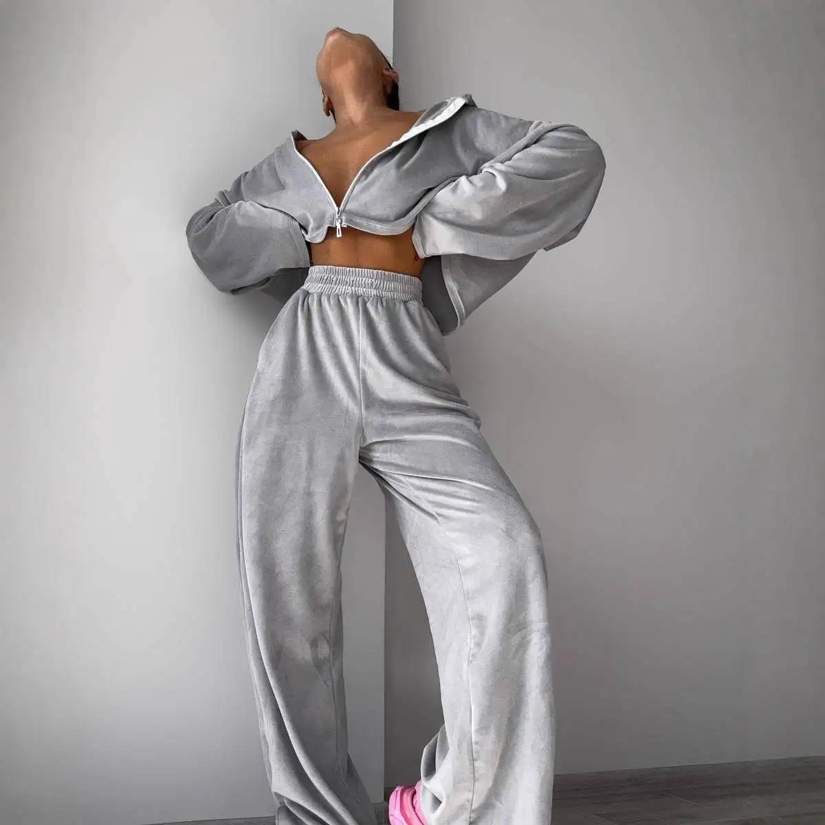 

Сексуальный повседневный вельветовый комплект: топ на молнии и брюки с широкими штанинами на резинке, средняя низкая талия, однотонный, из двух предметов