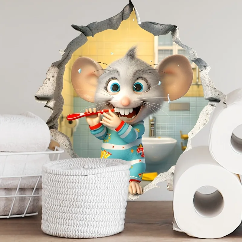 VIKAMA Cartoon Mouse Brushing Teeth Pajamas Wall Sticker, Xmas Bathroom Self-Adhesive Decor for Living Room Bedroom Dorm