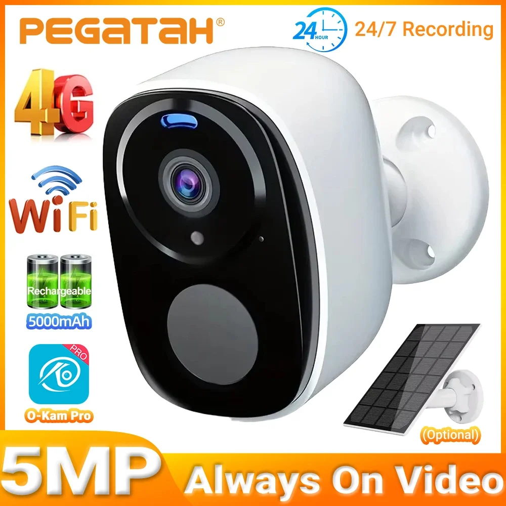 

PEGATAH 5MP 4G Солнечная камера безопасности, 2,4G/5G Wi-Fi наружная беспроводная связь, PIR-обнаружение цвета, ночное видение, питание от батареи, двусторонняя связь