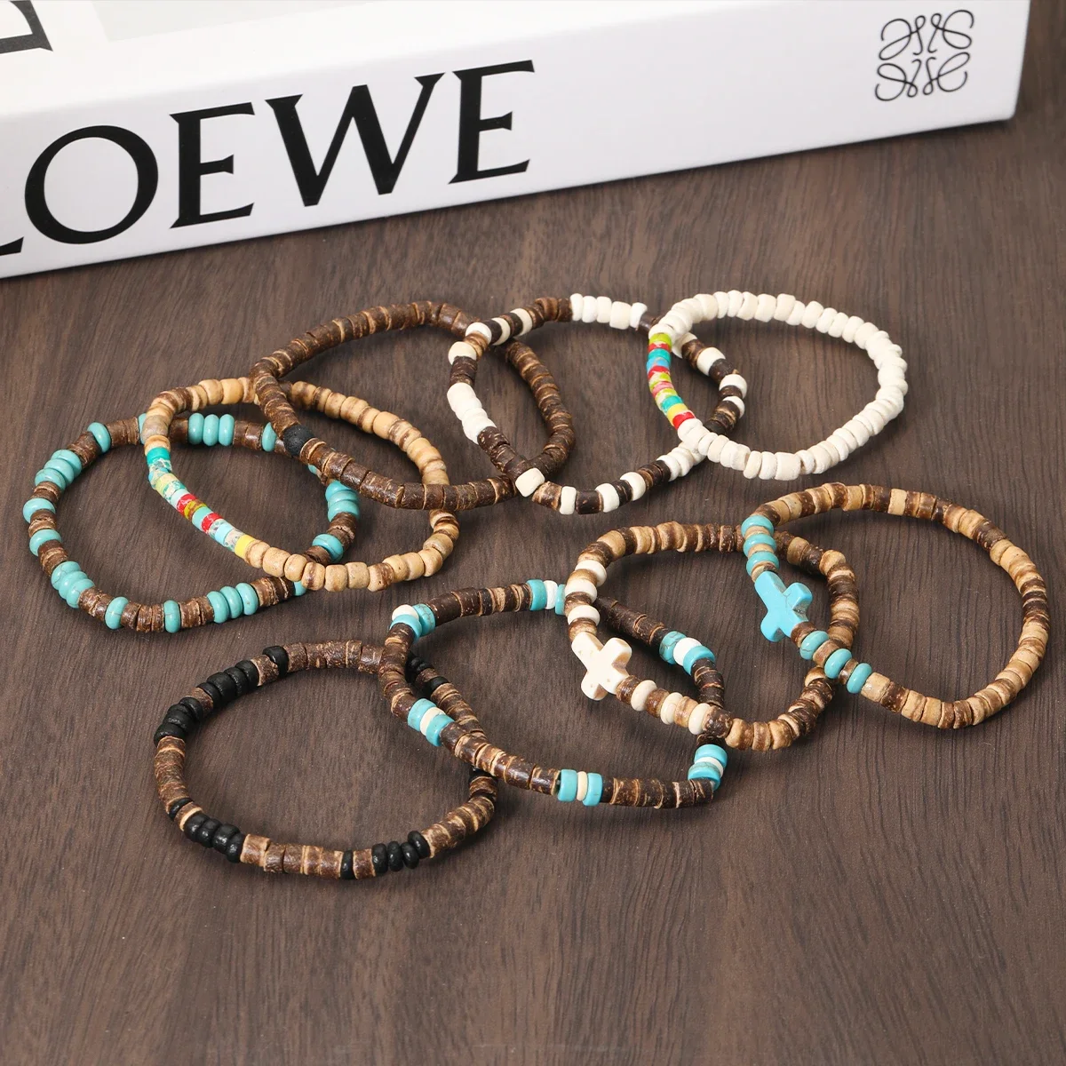Turquoise Stone Wood Beads Bracelet Stackable Elastic Bracelet For Men and Women Retro Boho Vacation Jewelry 1pcs view 6