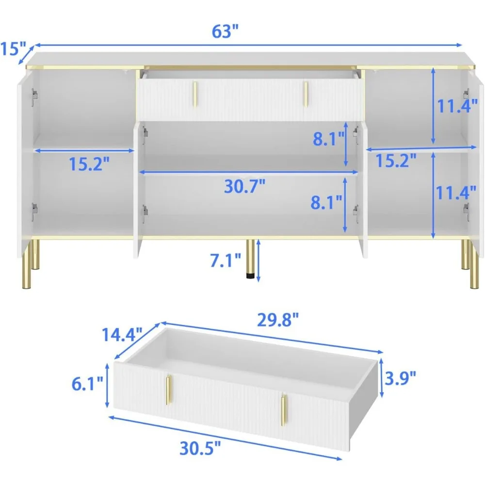 63” Sideboard Buffet Cabinet with Pop-Up Door & Adjustable Shelves,Sideboard Cabinet with Drawer & Gold Handles