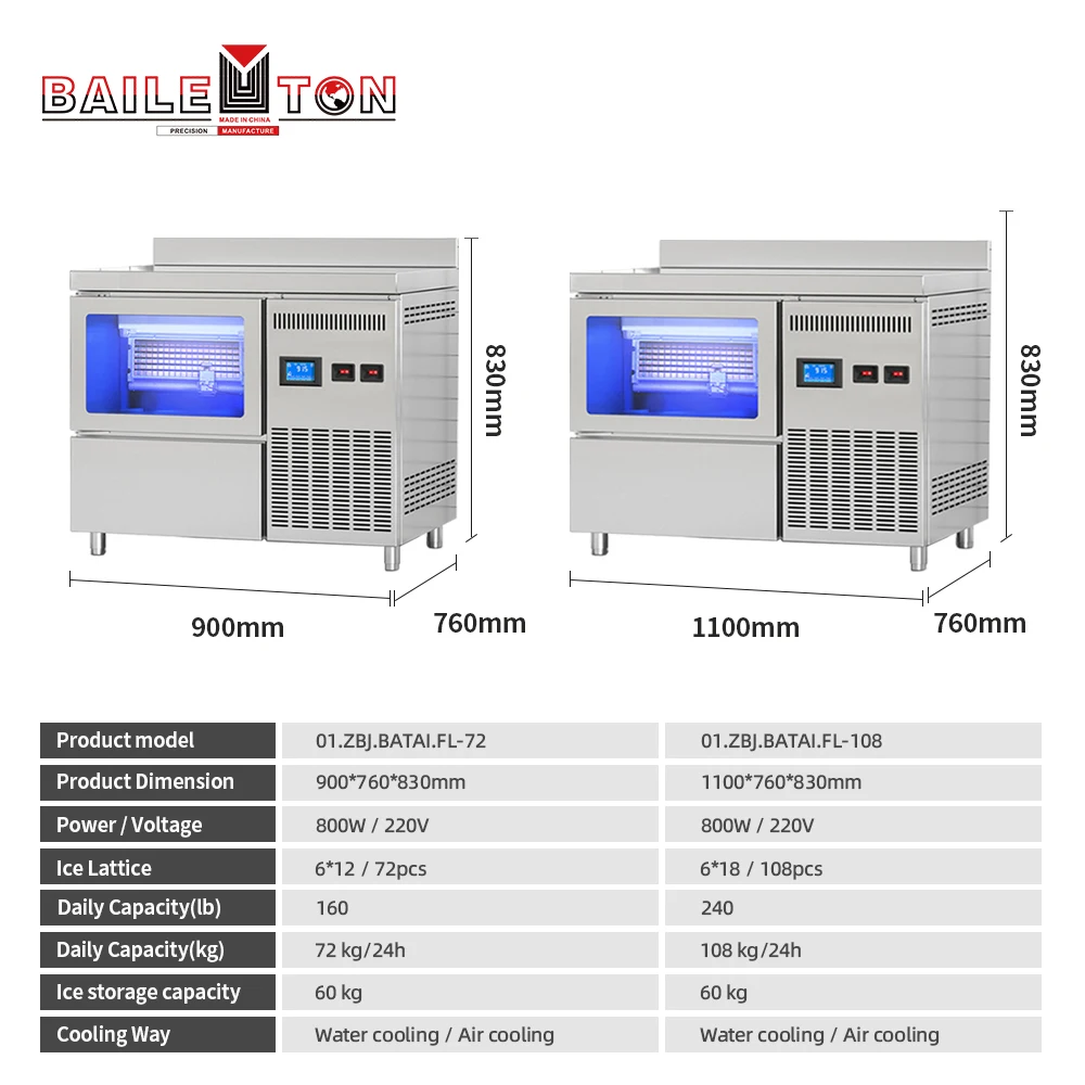 Automatic Ice Maker Machine Air Cooling Commercial 72kg/24H All-in-one Desktop Ice Cube Machine