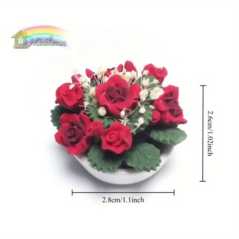 1/12 Mini Clay Flower White Plate Red Rose Model Miniature Simulation Flower Micro Landscape Decoration