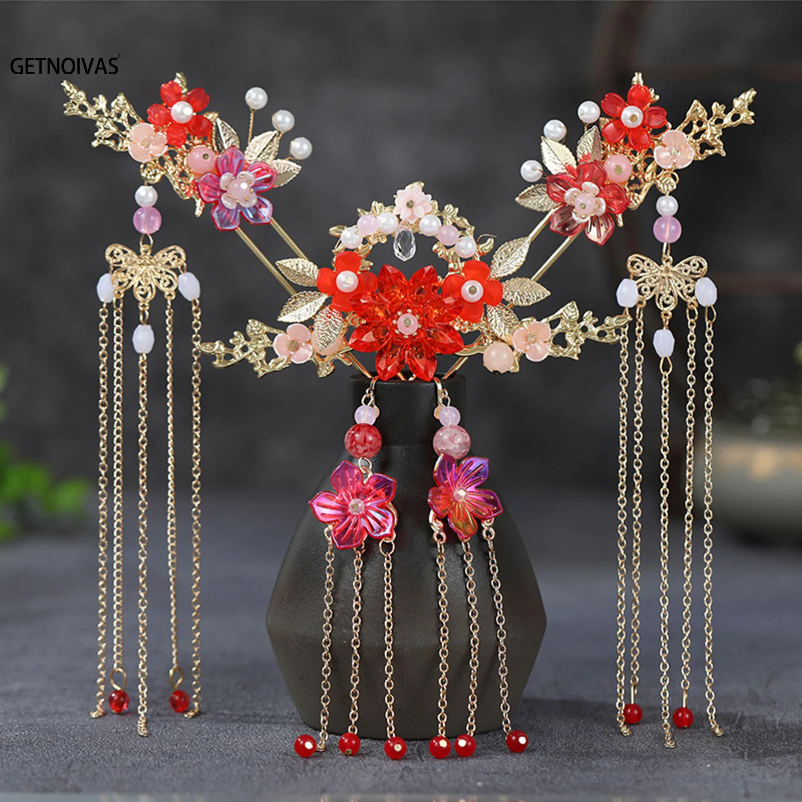 Chinese Hair Sticks Tiaras Headpiece Women Pearl Tassel Red Flower Hairpins Forks Vintage Hanfu Wedding Hair Accessories Jewelry