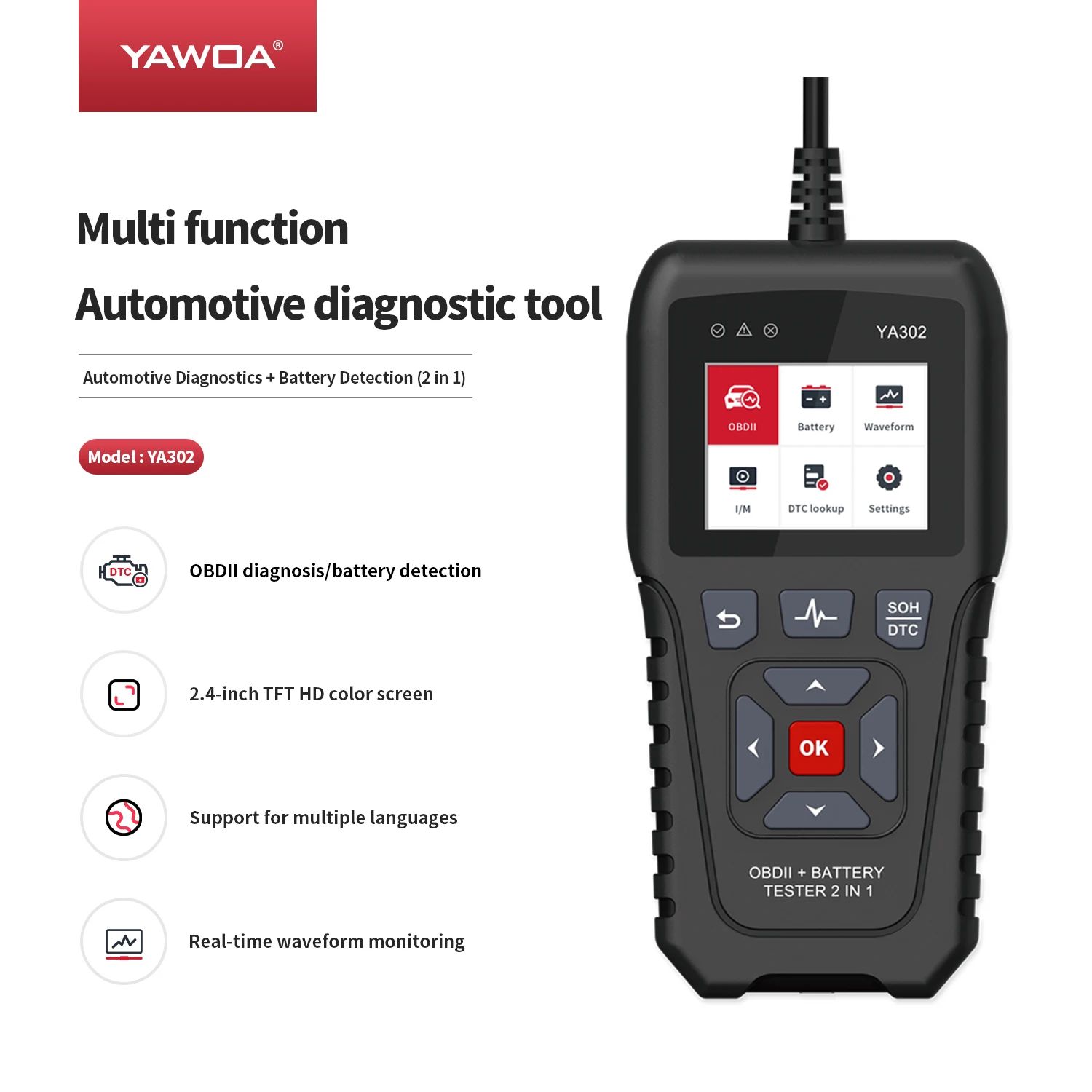 ﻿   2 في 1 جهاز اختبار بطارية السيارة رمز القارئ obd2 100-200 CCA الماسح الضوئي YA302 6 فولت 12 فولت 24 فولت شحن جهاز اختبار بطارية أدوات التشخيص obdi