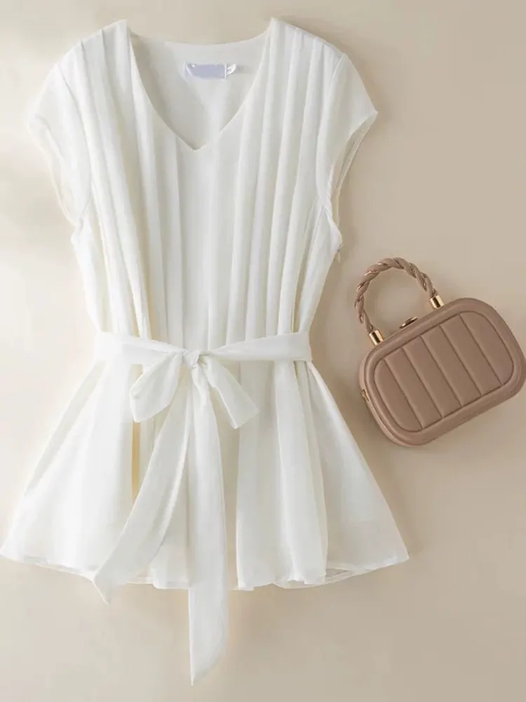 French Sle V-Ne Tie-Detail Svel ort-Sve irt المرأة الصيف تصميم التخسيس تنوعا أعلى للفتيات الصغيرات #1