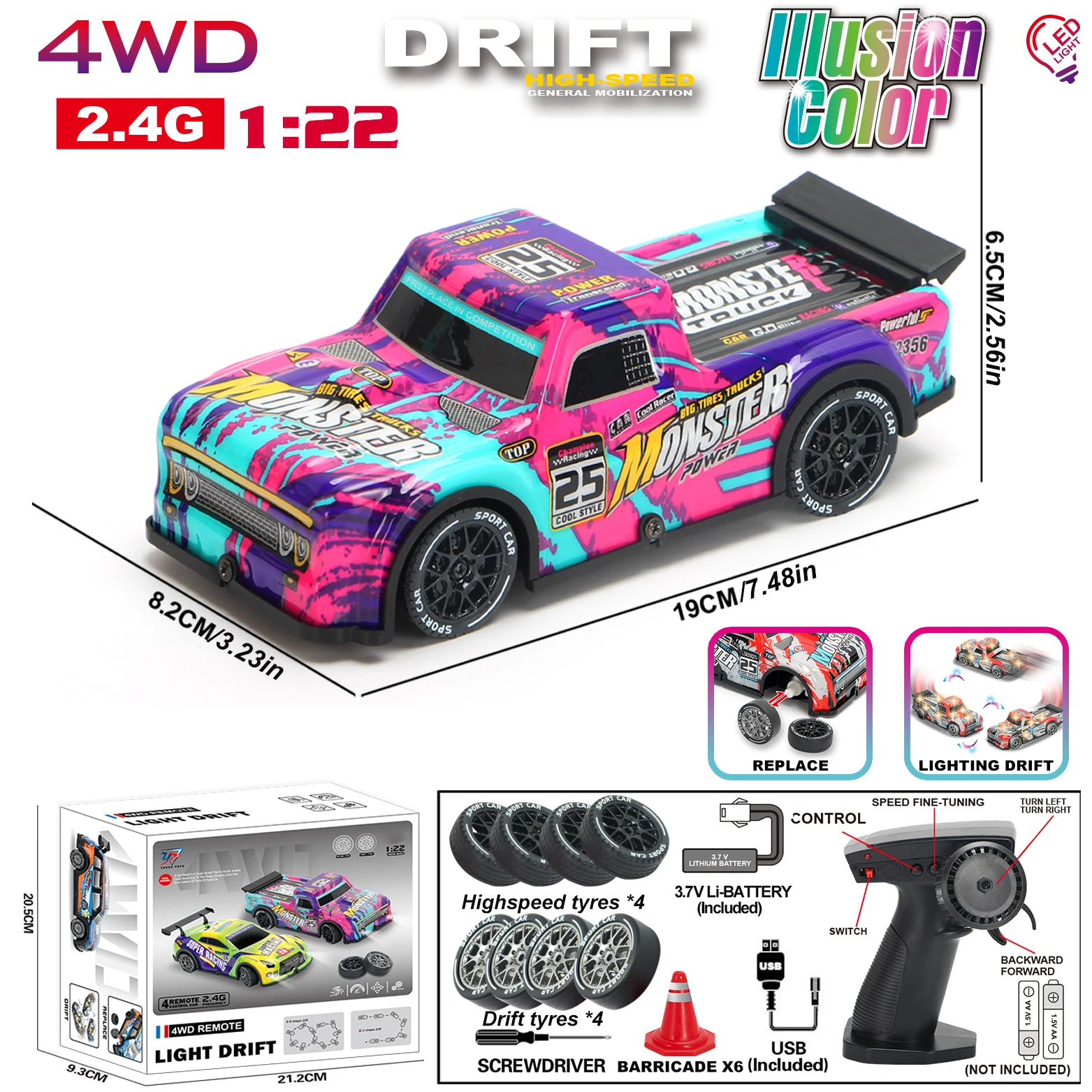 

1:22 4WD RC Drift Car Remote Control Racing 2.4G High Speed Competition Model with 2 Sets Replaceable Tires Boys Birthday Gift