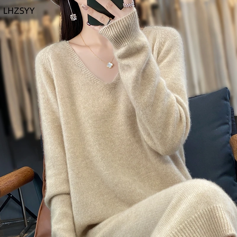 Lhzsyy 100% reines Woll kleid Frauen V-Ausschnitt mittellanges Oberteil loser großer Pullover lang ärmel iger warmer Pullover lässiger Strick langer Rock