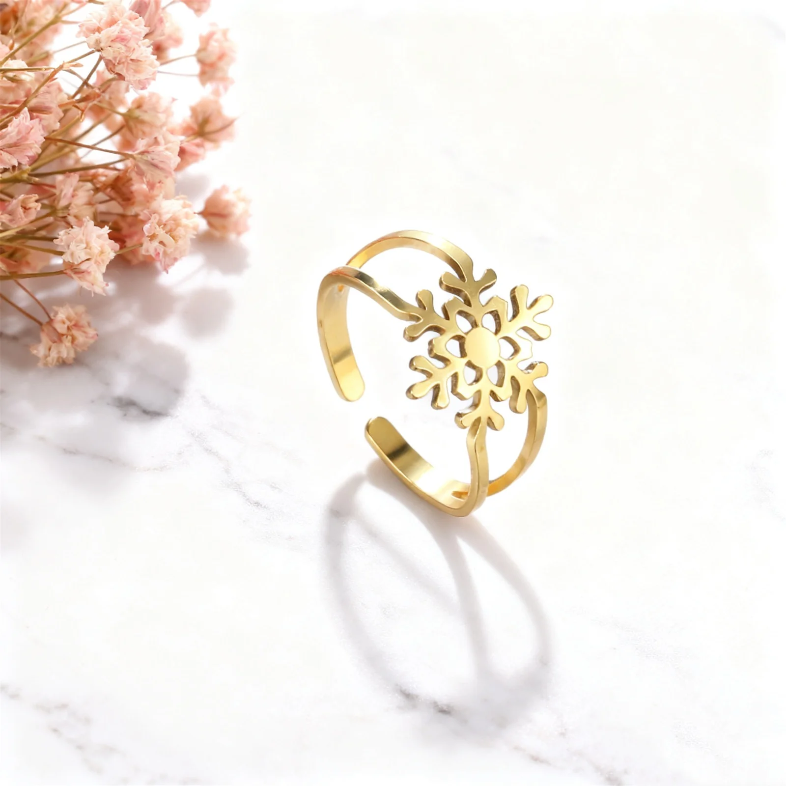 الشتاء أزياء ندفة الثلج الدائري الفولاذ المقاوم للصدأ قابل للتعديل الجمالية المرأة خاتم رائعة السنة الجديدة مجوهرات زوجين هدية عيد الميلاد #3