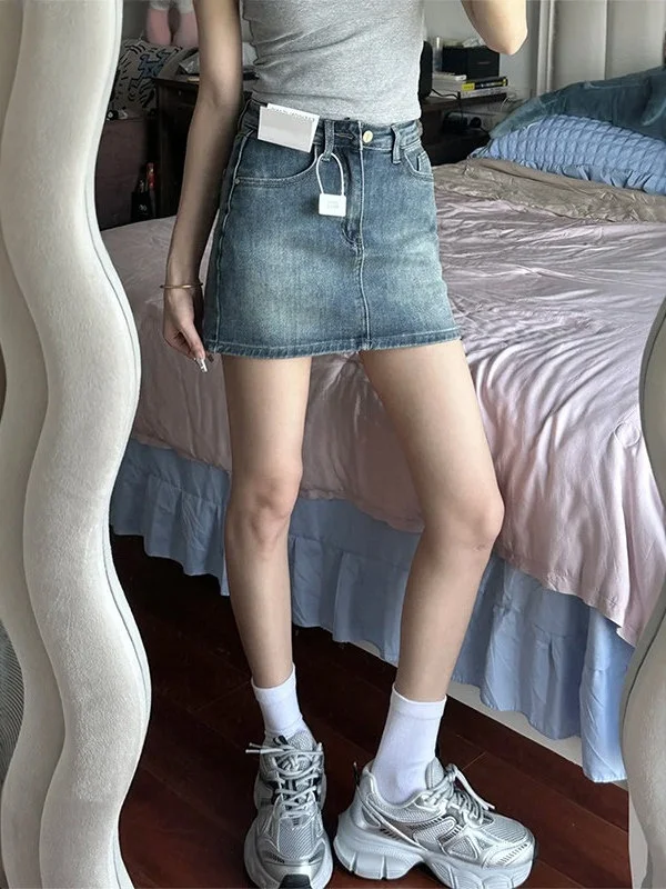 High Waist Slim Fit A-Line  Skirt Retro American Hot Girl Denim Half Body Wrap Skirt for Women Summer New Style