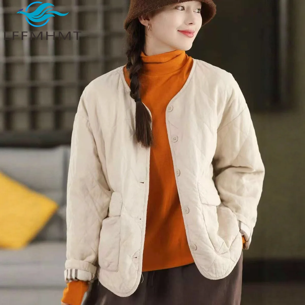 

Autumn Winter Retro Check Padded Cotton Coat Women's Clothing Hemp Fabric Thicken Warm Loose Casual Versatile Outerwear Jacket