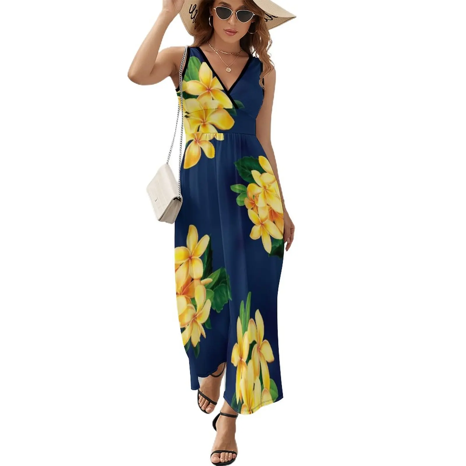 

Tropical Paradise Hawaiian Plumeria Illustration Sleeveless Dress party dress women elegant luxury