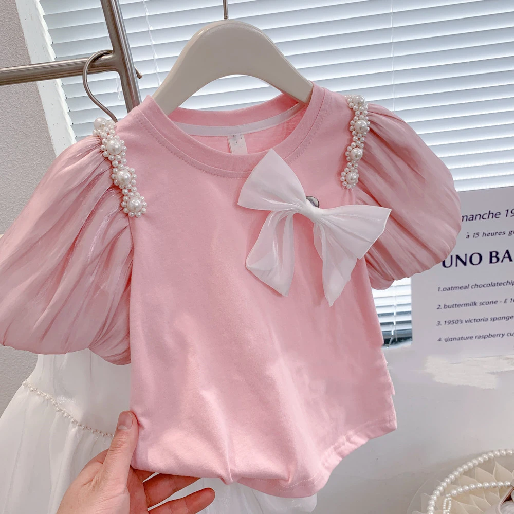 Set di abbigliamento per ragazze estive fiocco Streamer cuciture di perle gonna Tutu a maniche corte moda bambino abbigliamento per bambini vestito