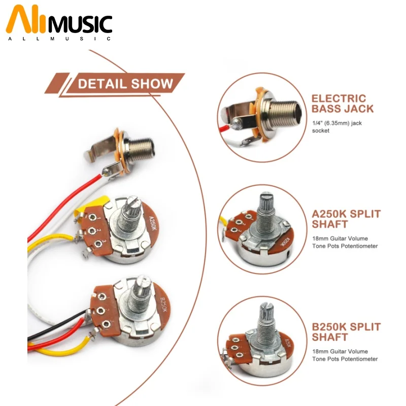 2 sets Electric Guitar Wiring Harness Kit, 2x A250k Pots with 1 Volume 1 Tone Control Knobs, 1x 1/4